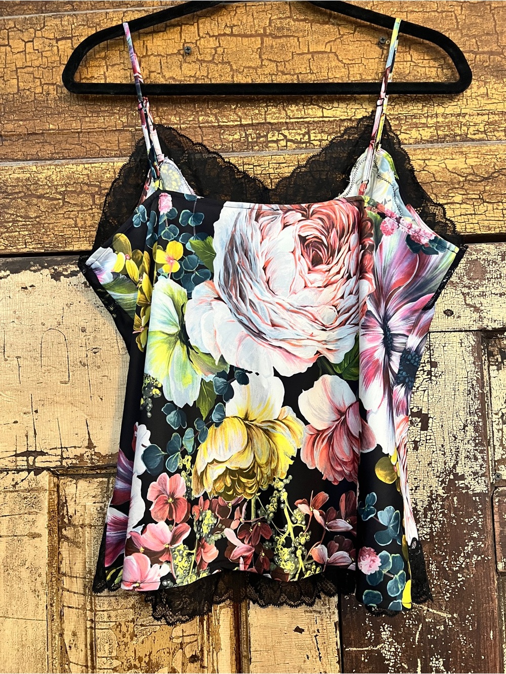 Express Floral Lace Cami | Satin Tank Top | Black Multi Floral | Y2K Size L - Picture 2 of 2